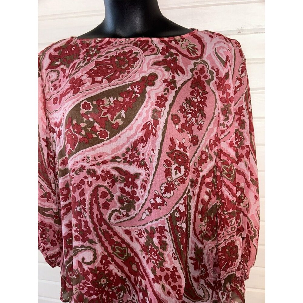 Talbots Sz PLUS 18W 100% Silk Chiffon Top Red Pink Paisley Pullover EUC